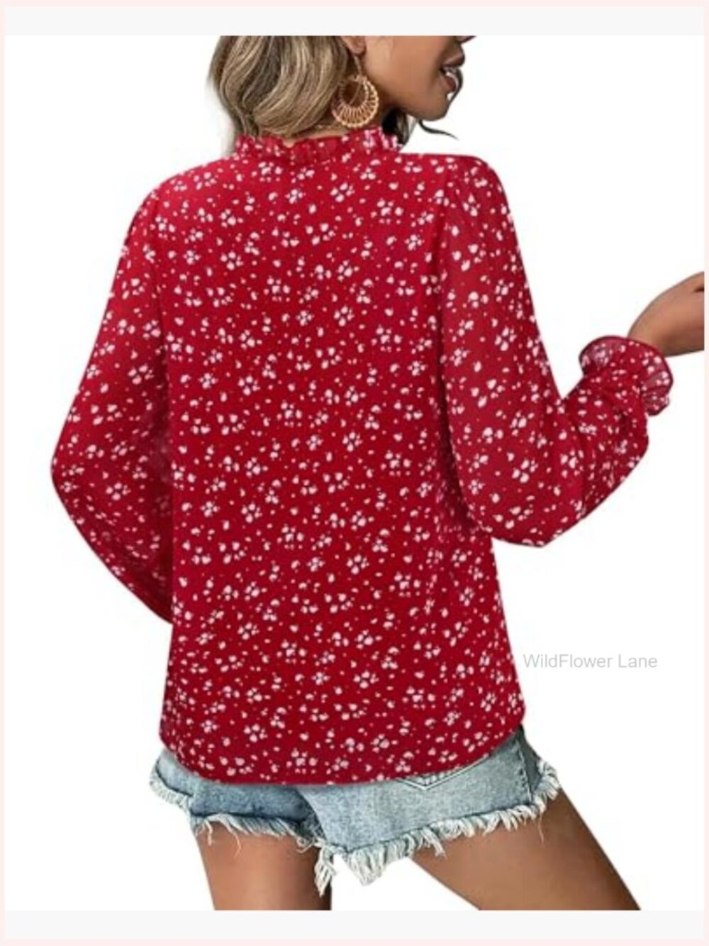 Ruffle V Neck Tie Front Long Sleeve Chiffon Tunic Blouse Work Tops - Picture 6 of 7